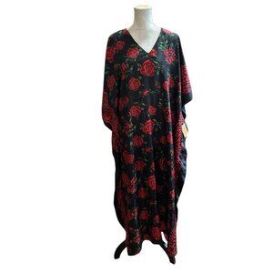 Vintage GOLD COAST Black & Red Roses Animal Print Kaftan Dress MuMu Oversized